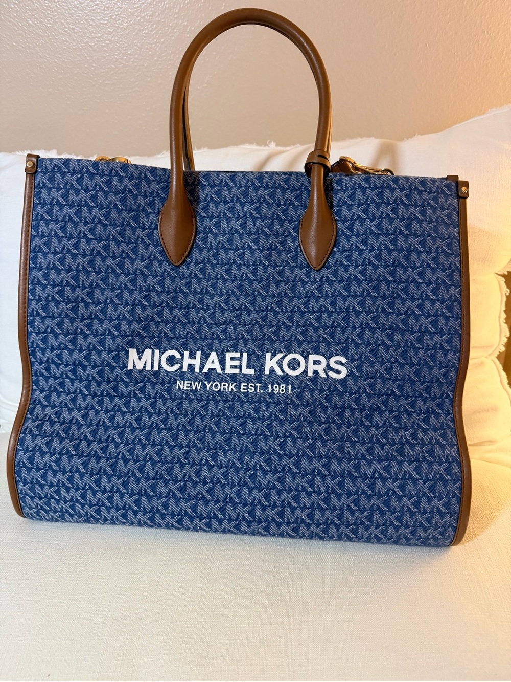 Michael Kors Blue Monogram Duffel with Brown Leather Trim